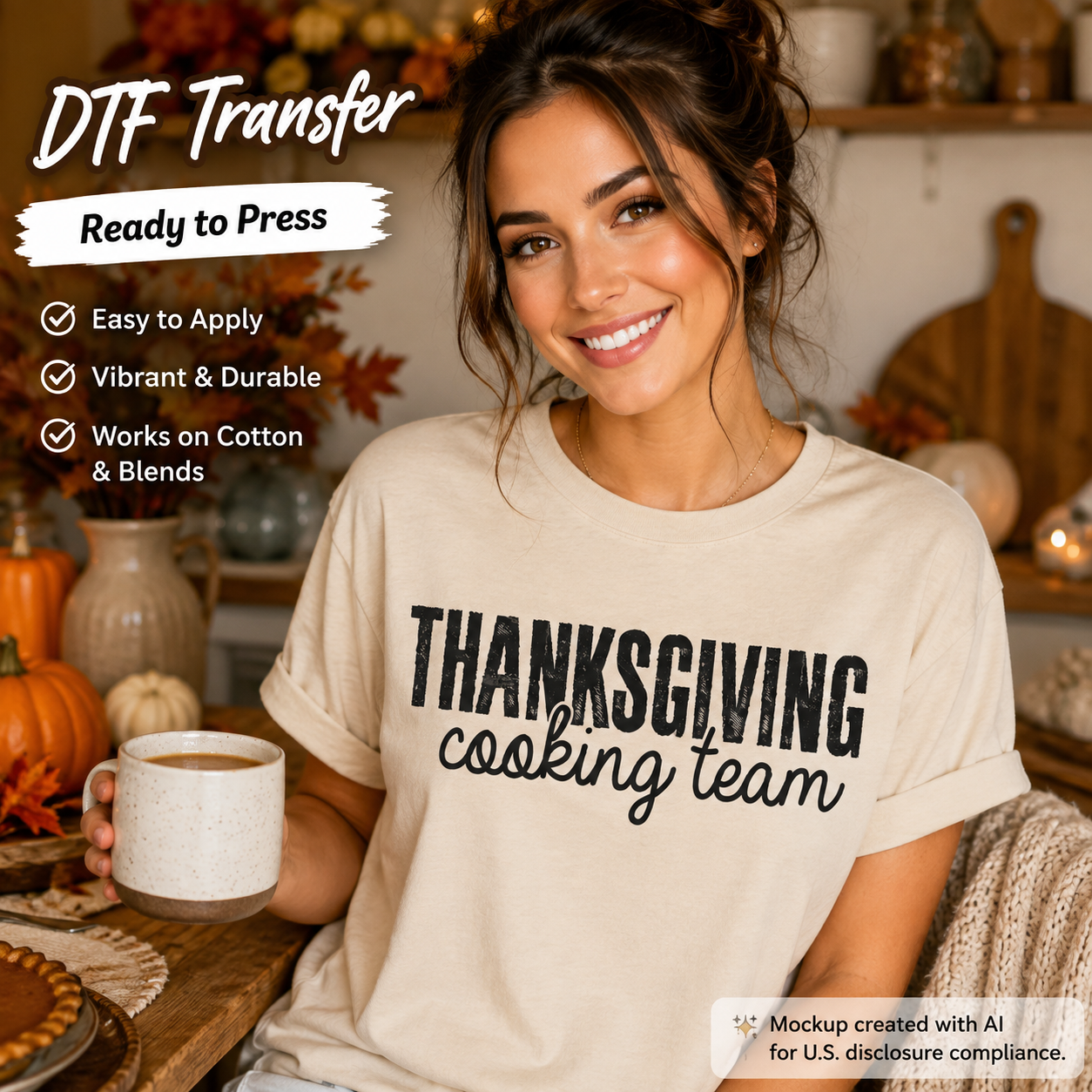 A woman seated at a table wearing a cream-colored T-shirt with the phrase 'THANKSGIVING cooking team' printed in black script and block lettering. She holds a white mug in a cozy autumn kitchen setting with pumpkins, shelves, and warm decor visible in the background.