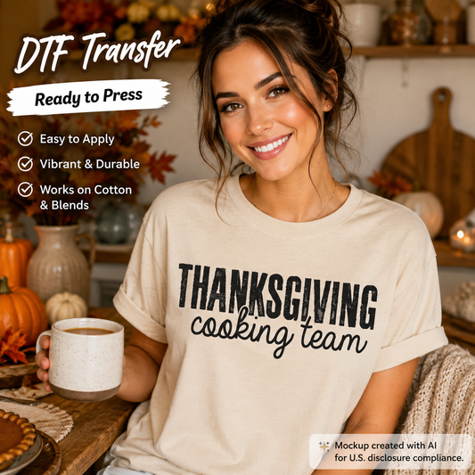 A woman seated at a table wearing a cream-colored T-shirt with the phrase 'THANKSGIVING cooking team' printed in black script and block lettering. She holds a white mug in a cozy autumn kitchen setting with pumpkins, shelves, and warm decor visible in the background.