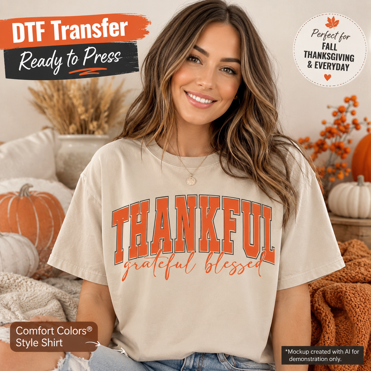 A woman wearing a beige Comfort Colors t-shirt with a 'THANKFUL grateful blessed' autumn graphic, posed in a cozy fall-themed setting with pumpkins and blankets. Text overlays highlight 'DTF Transfer Ready to Press' and 'Comfort Colors Style Shirt'.