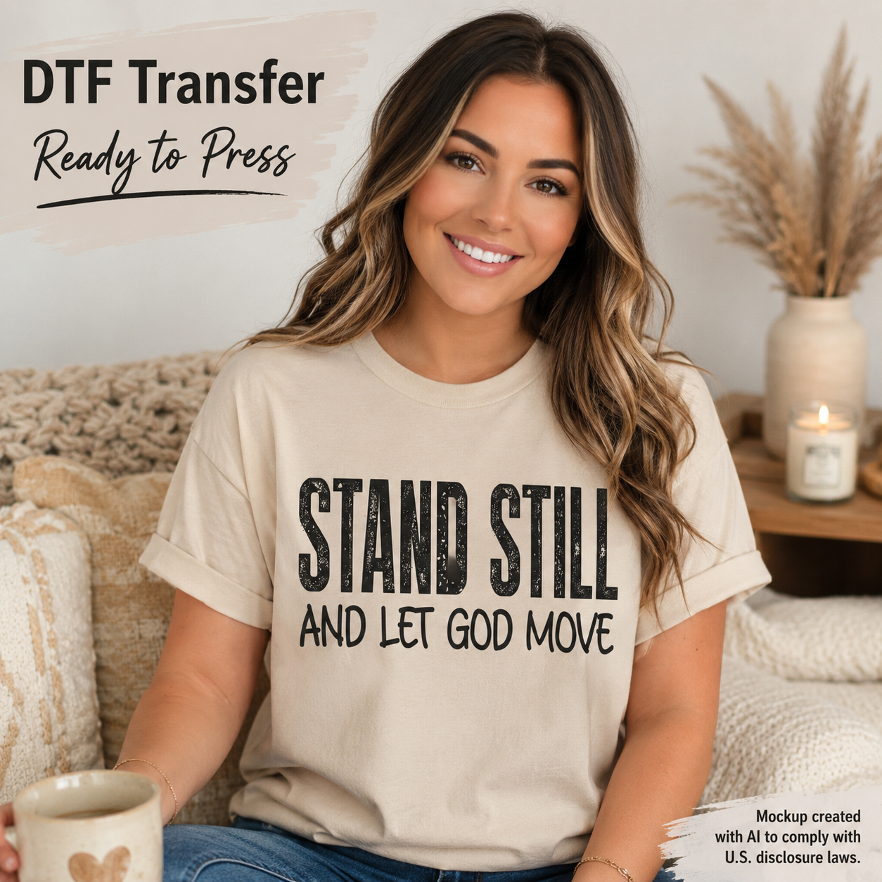 A woman sitting on a couch wearing a beige graphic T-shirt with the text 'STAND STILL AND LET GOD MOVE' in distressed black lettering. The image includes promotional text reading 'DTF Transfer Ready to Press' and a small mockup disclaimer in the lower right corner.