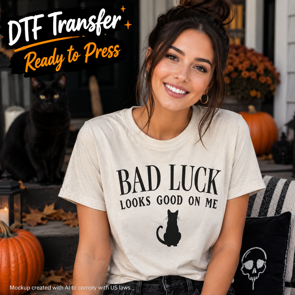 A woman wearing a cream-colored graphic t-shirt with the text 'BAD LUCK LOOKS GOOD ON ME' and a black cat silhouette, posed on a decorated autumn porch with pumpkins and a black cat in the background. A 'DTF Transfer Ready to Press' badge is in the top-left corner.
