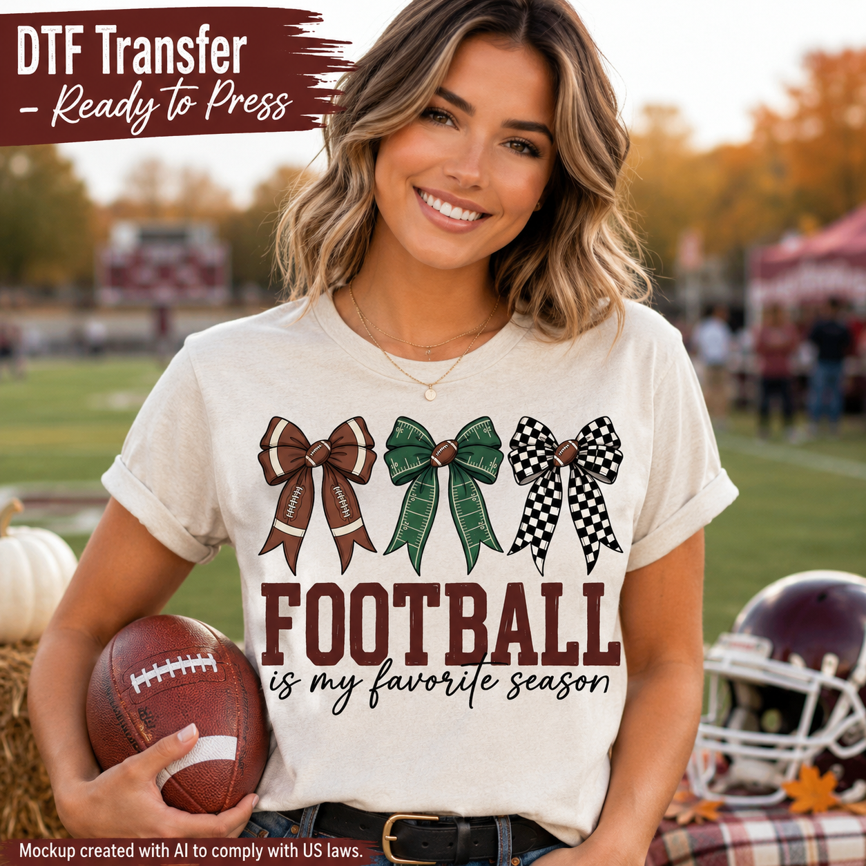 A woman modeling a cream-colored t-shirt with a football-themed graphic that reads 'FOOTBALL is my favorite season' with three decorative bows. The image is set in an outdoor autumn football field environment with a helmet and pumpkins in the background, and includes a 'DTF Transfer - Ready to Press' banner overlay.