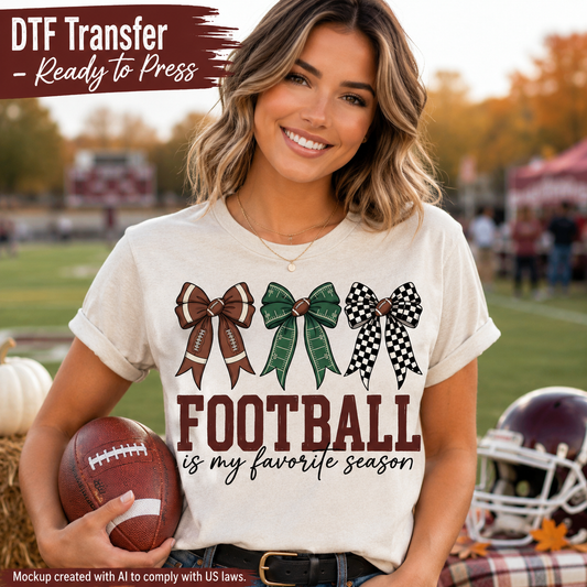 A woman modeling a cream-colored t-shirt with a football-themed graphic that reads 'FOOTBALL is my favorite season' with three decorative bows. The image is set in an outdoor autumn football field environment with a helmet and pumpkins in the background, and includes a 'DTF Transfer - Ready to Press' banner overlay.