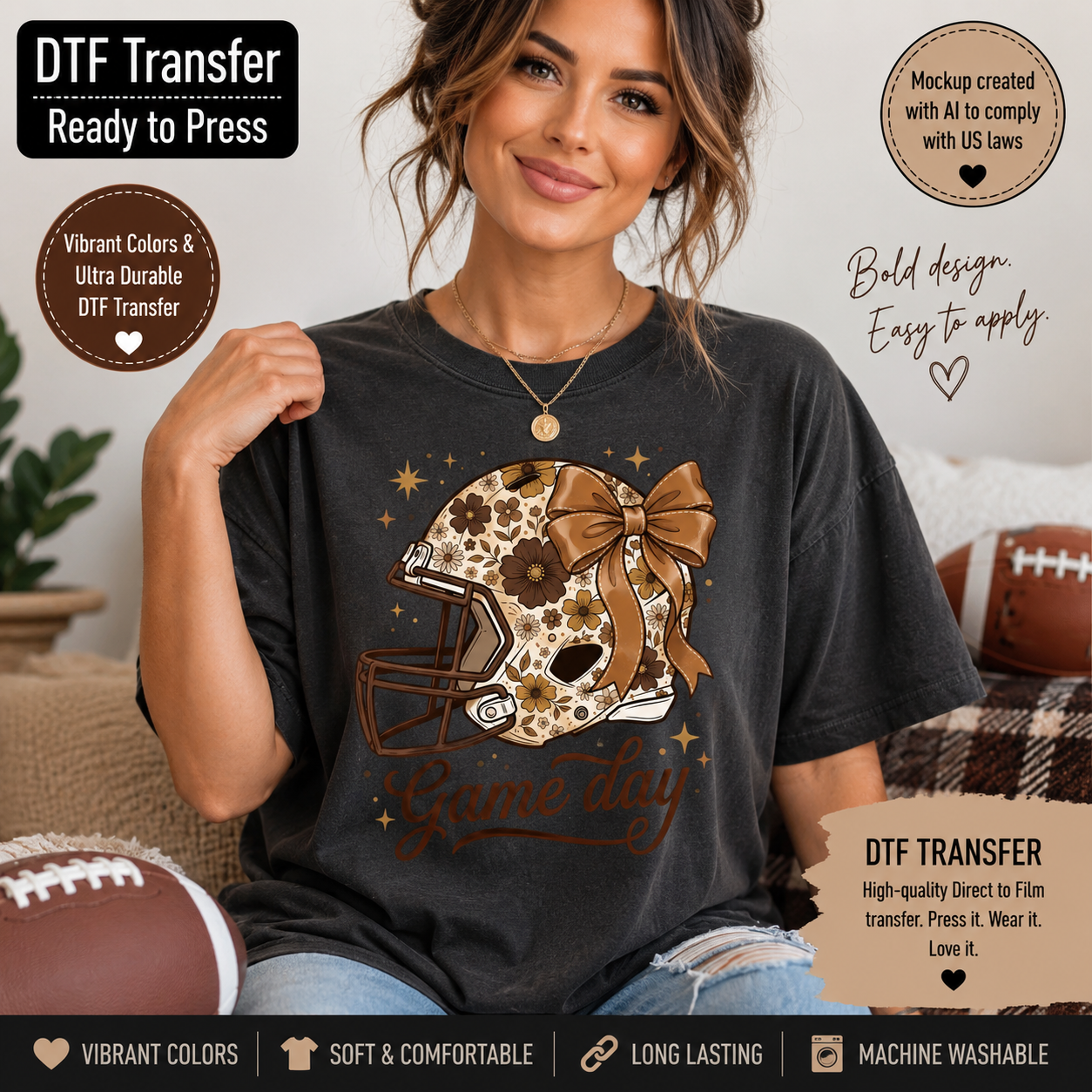 A woman wearing a dark charcoal t-shirt with a graphic of a football helmet decorated with a floral pattern and a large brown bow, with the text 'Game Day' underneath. The image is a promotional mockup for a DTF (Direct to Film) transfer, featuring text overlays and football props in a cozy living room setting.