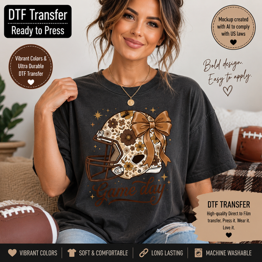 A woman wearing a dark charcoal t-shirt with a graphic of a football helmet decorated with a floral pattern and a large brown bow, with the text 'Game Day' underneath. The image is a promotional mockup for a DTF (Direct to Film) transfer, featuring text overlays and football props in a cozy living room setting.