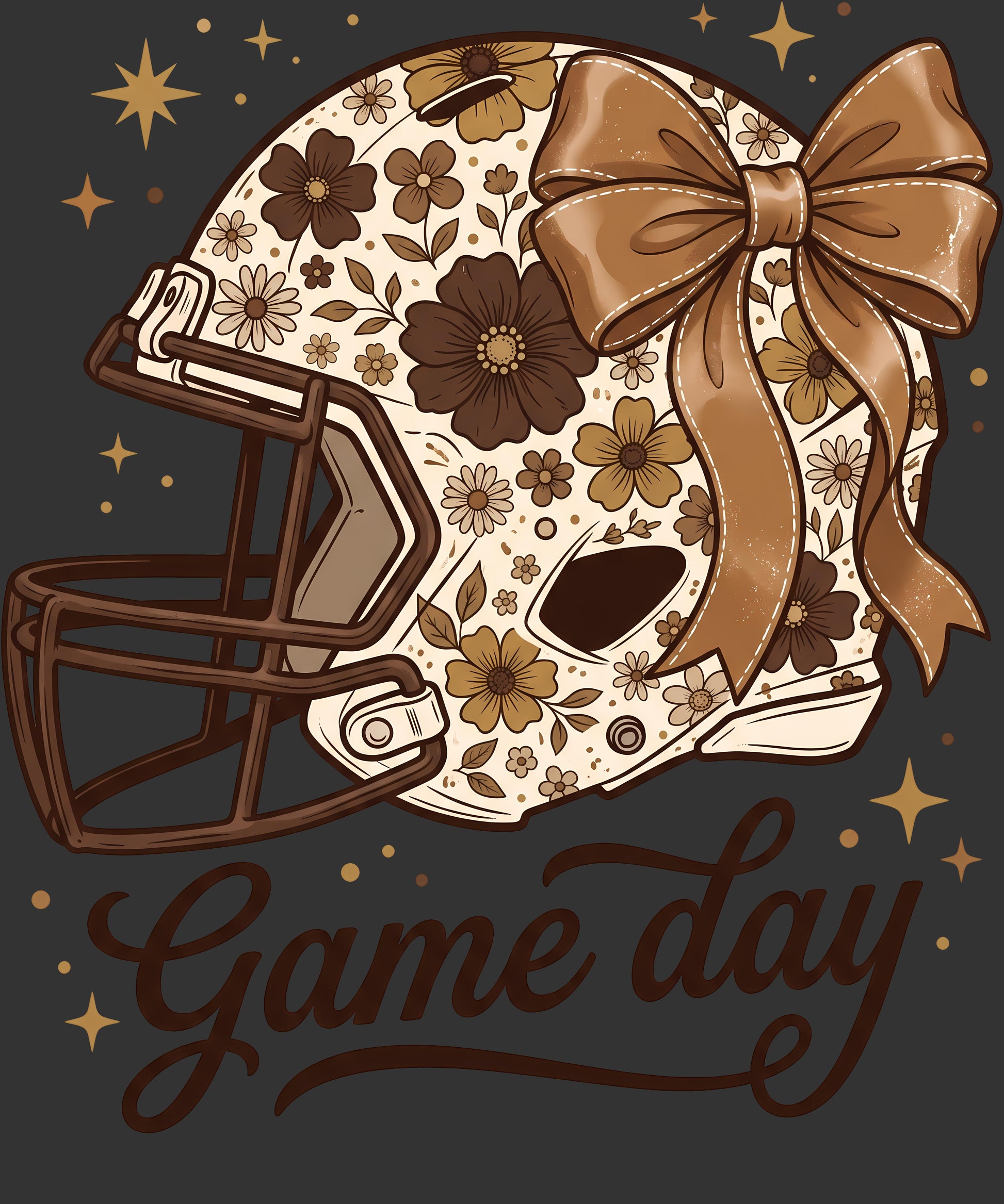 A football helmet illustration with a cream base, brown and tan floral pattern, a large brown ribbon bow, and the words 'Game day' in dark brown script on a dark gray background with small gold stars.