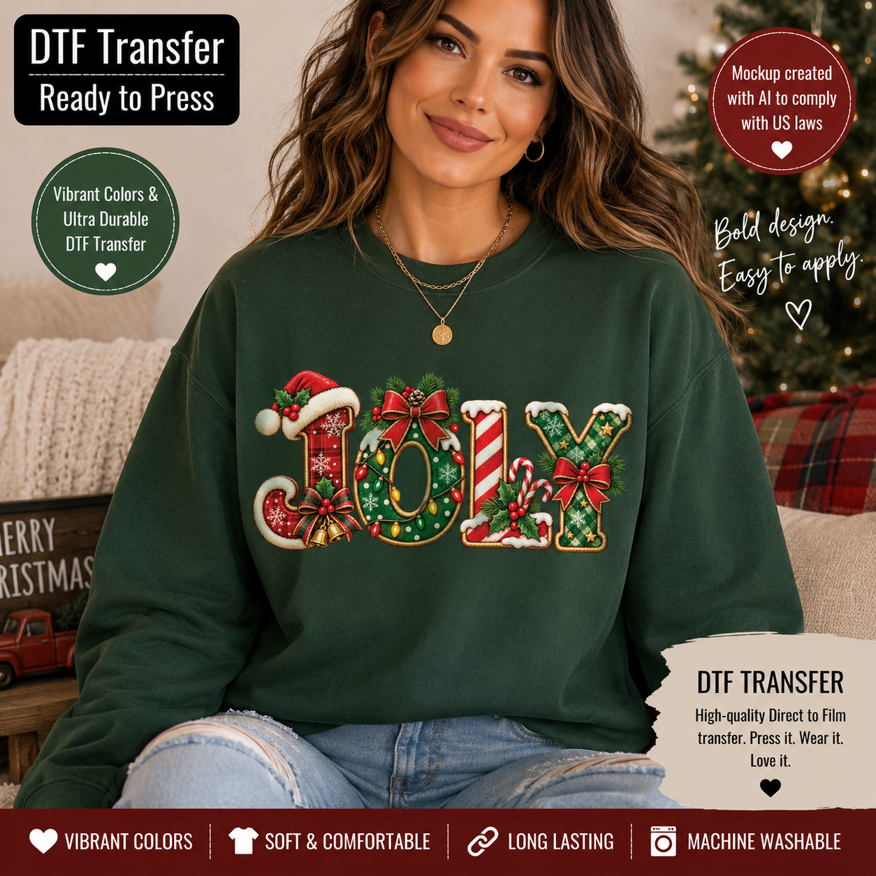 A woman wearing a dark green crewneck sweatshirt with a festive 'JOY' holiday graphic made of ornaments, candy canes, and bows. The image includes promotional text overlays for DTF (Direct to Film) transfer services.