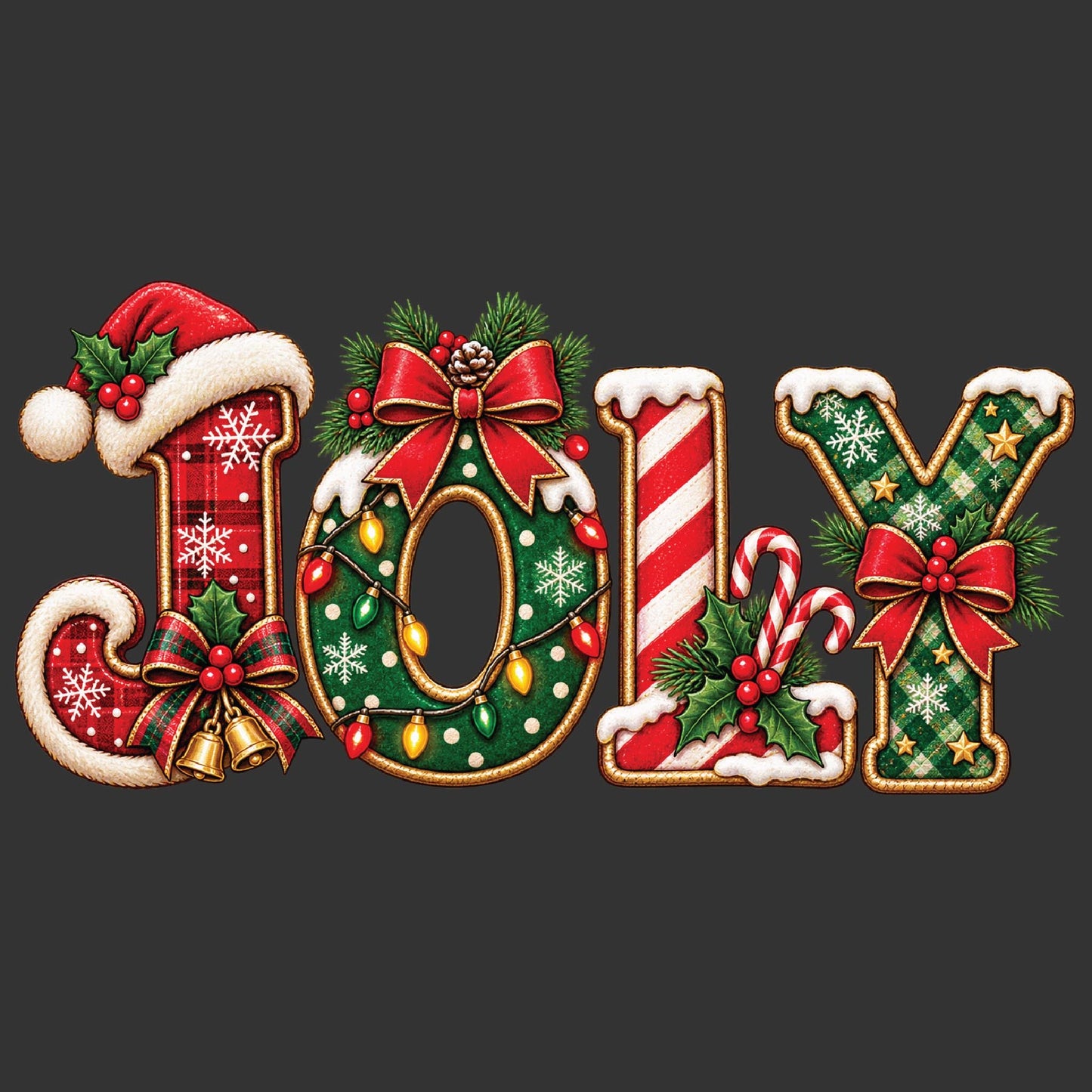 The word 'JOLY' is spelled out in large decorative holiday letters on a dark gray background. Each letter is decorated with festive Christmas motifs: the J has a Santa hat and snowflake pattern, the O is a green wreath with ornaments, the L has red-and-white stripes with candy canes, and the Y has a green plaid pattern with a red bow.