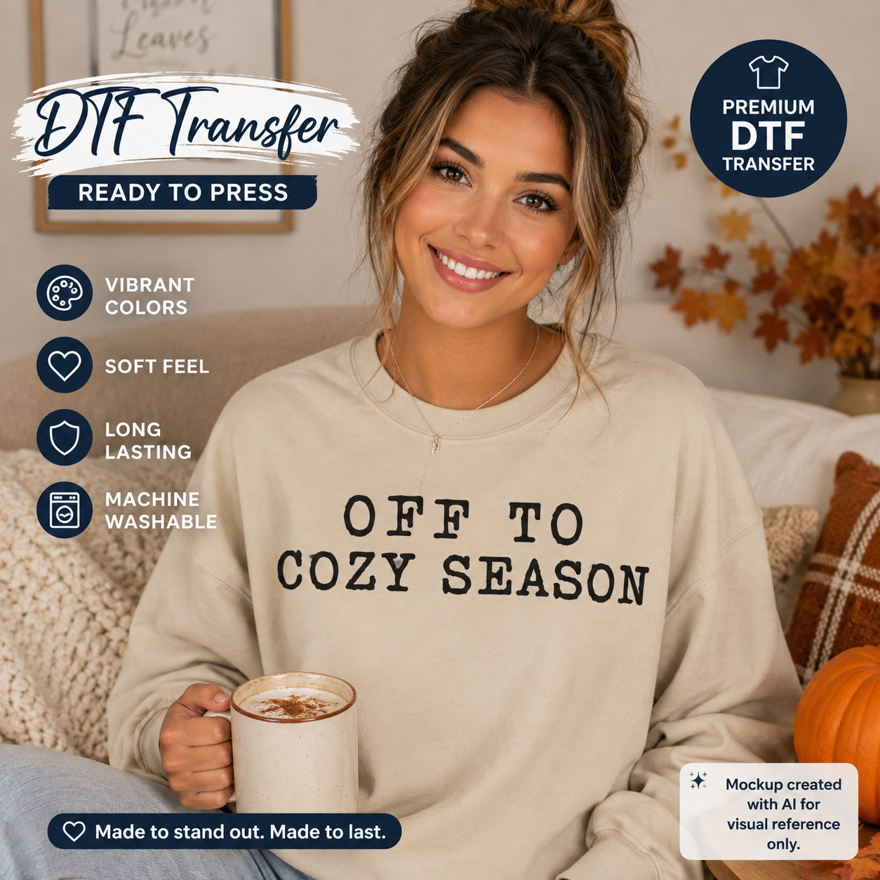 A woman sitting on a couch wearing a beige crewneck sweatshirt with the text 'OFF TO COZY SEASON' printed in black. The image is a promotional graphic for a DTF (Direct to Film) transfer, showing various feature badges, a pumpkin, and a mug of hot chocolate.