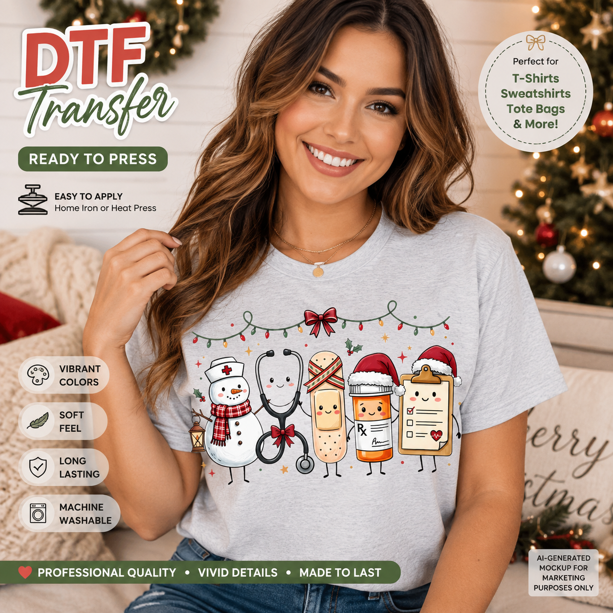 A woman wearing a light gray T-shirt with a colorful holiday medical-themed graphic print, posed in front of a decorated Christmas tree. The image includes promotional text overlays for 'DTF Transfer' and feature badges.