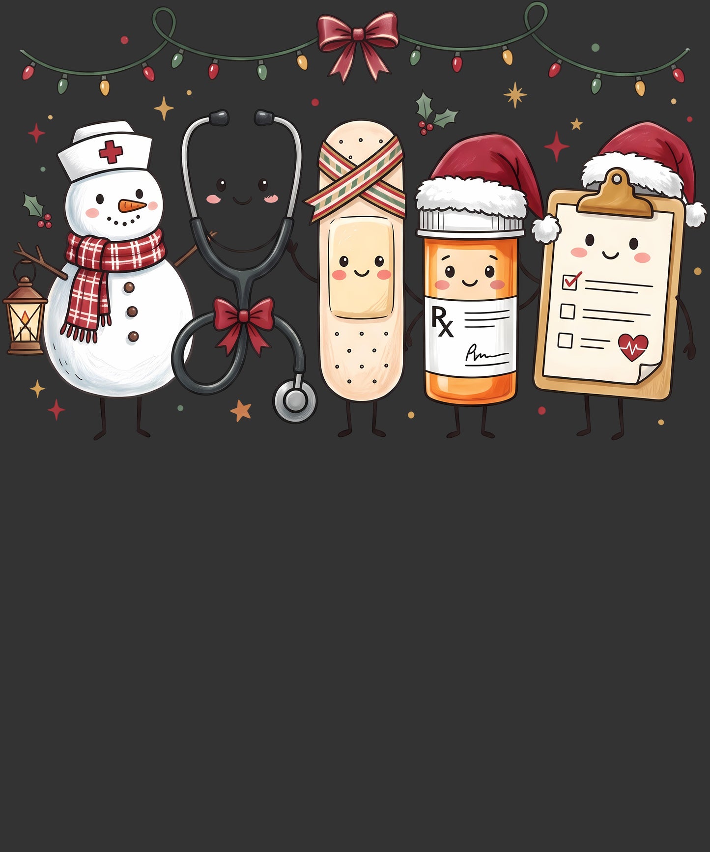 A festive Christmas-themed illustration featuring five cute medical and winter icons: a snowman as a nurse, a stethoscope, a band-aid, an orange pill bottle, and a clipboard with a Santa hat, all set against a dark gray background with holiday garlands and stars.