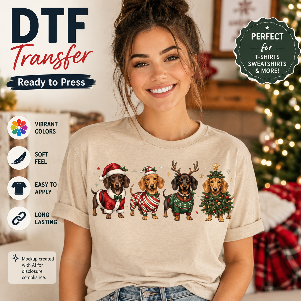 A woman wearing a beige graphic t-shirt with a holiday dachshund print, set against a cozy Christmas background. The image includes promotional text overlays for a 'DTF Transfer' product.