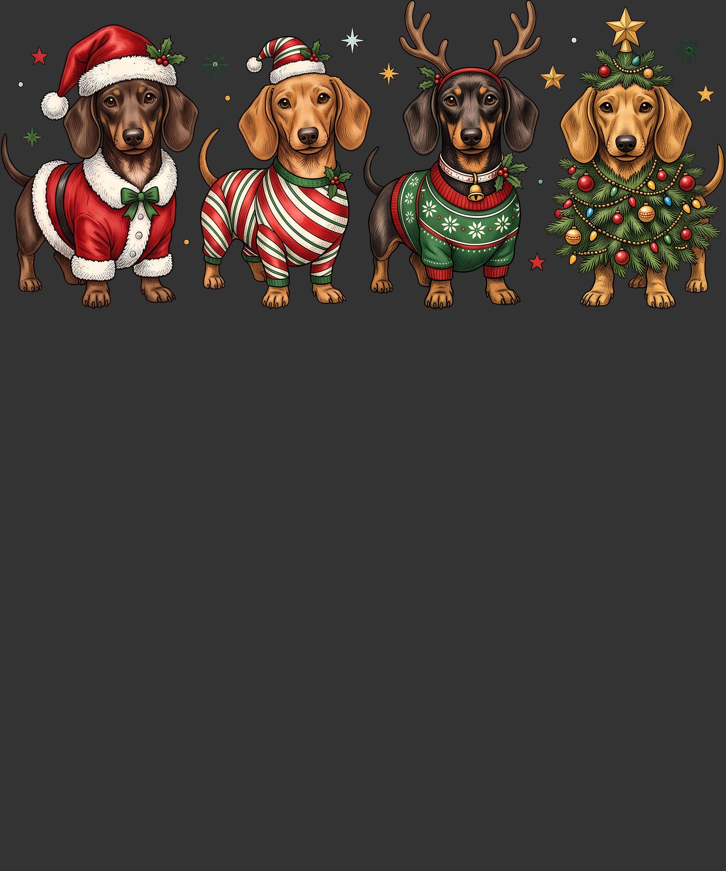 Four dachshunds dressed in Christmas outfits, including a Santa hat and sweater, a candy cane sweater, reindeer antlers, and a Christmas tree, set against a dark gray background with small holiday stars.