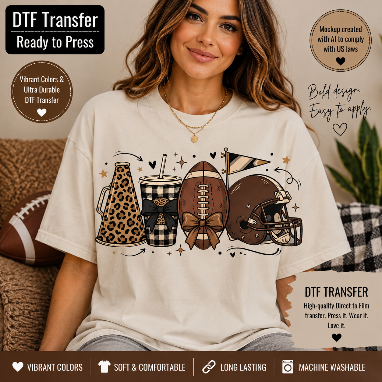 A woman wearing a cream-colored t-shirt with a graphic print of sports items including a leopard print megaphone, a plaid cup, a football, and a football helmet. The image features promotional text overlays for a direct-to-film transfer.