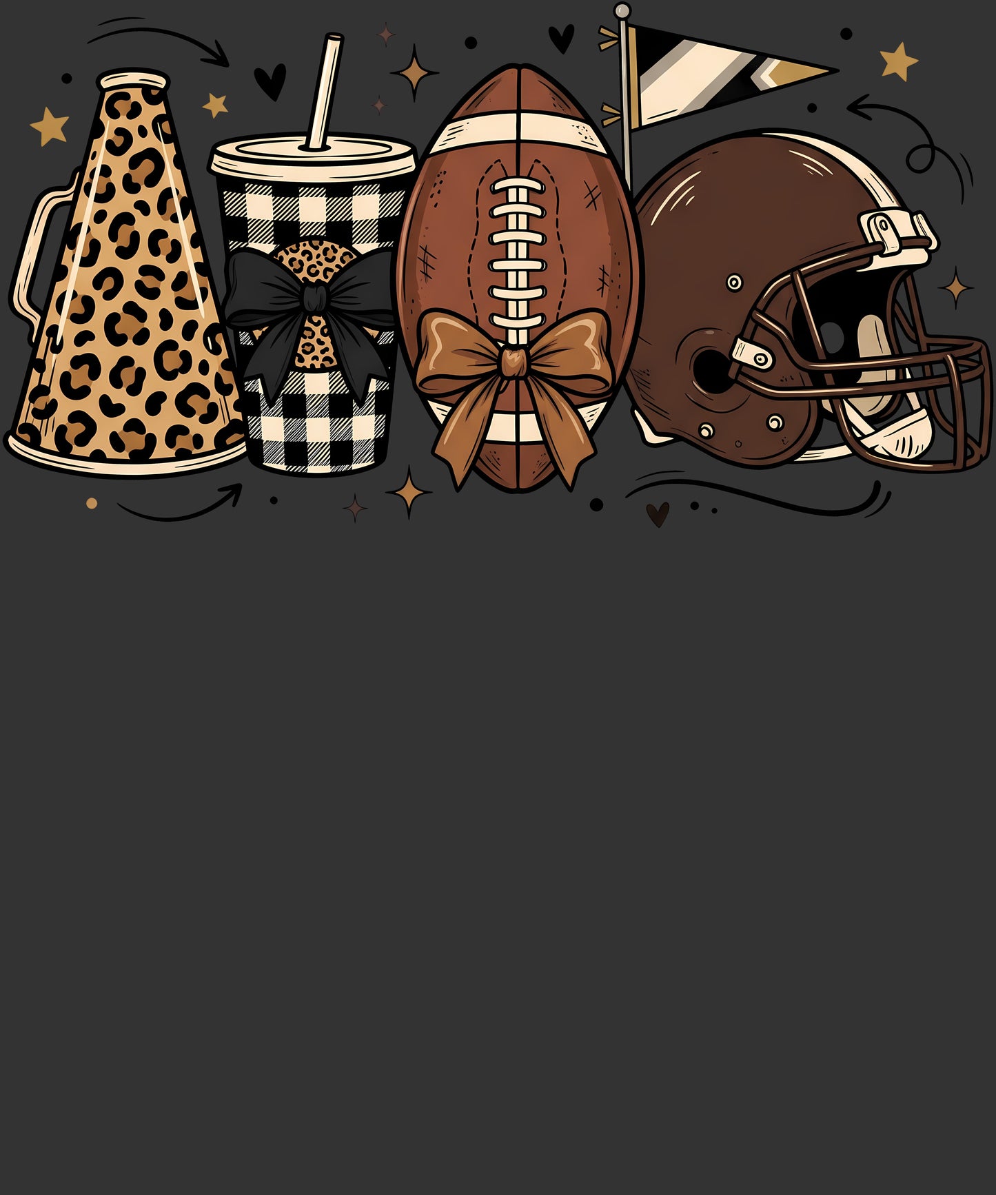 A dark gray graphic design featuring a row of football-themed items at the top, including a leopard-print megaphone, a black-and-white checkered cup with a leopard-print bow, a brown football with a bow, and a brown football helmet, with small gold stars and hearts scattered around.