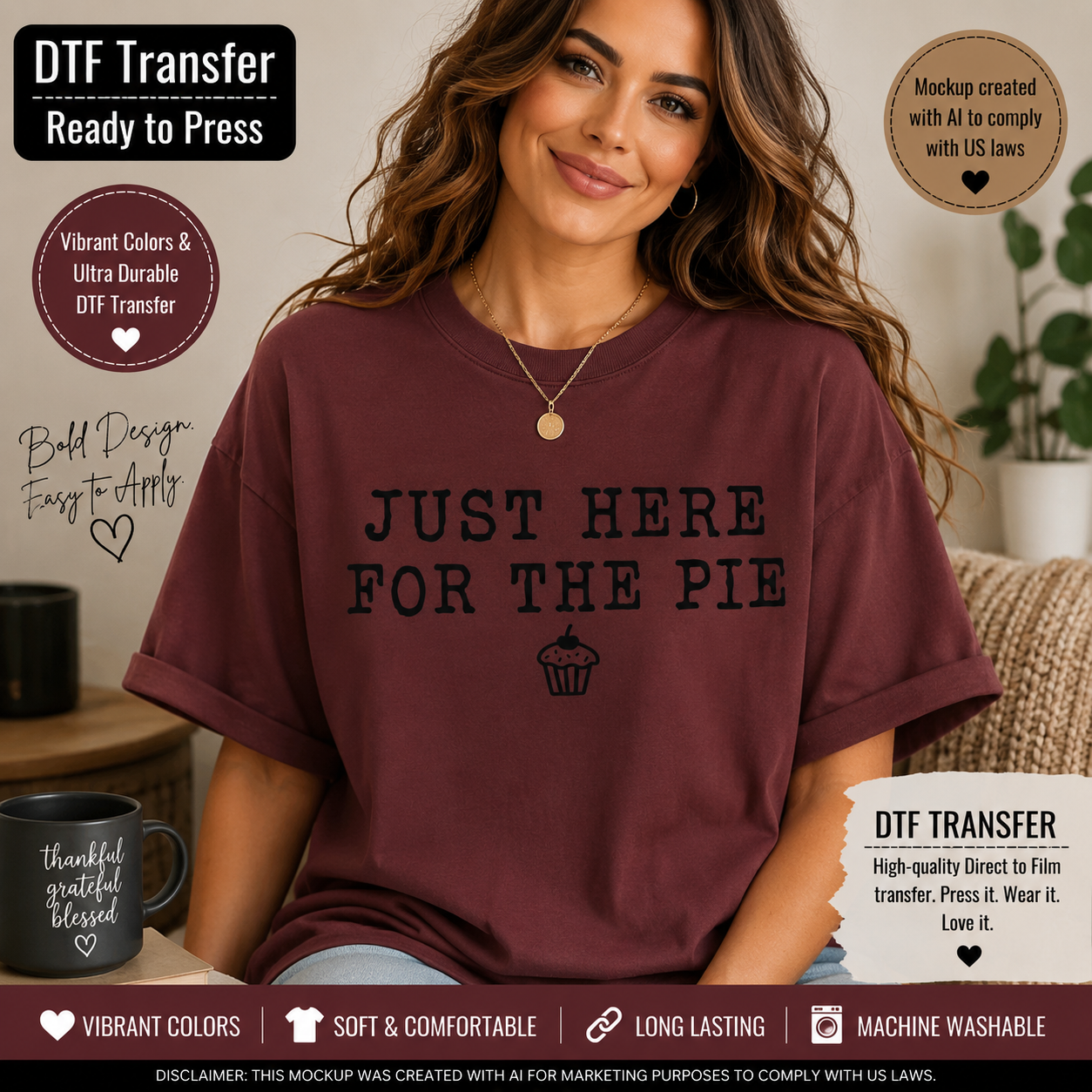 A woman wearing a maroon crewneck t-shirt with black text that reads 'JUST HERE FOR THE PIE' and a small cupcake graphic. The image is a promotional mockup for a DTF (Direct to Film) transfer, showing text overlays detailing product features like 'Vibrant Colors & Ultra Durable DTF Transfer' and 'Mockup created with AI to comply with US laws'.