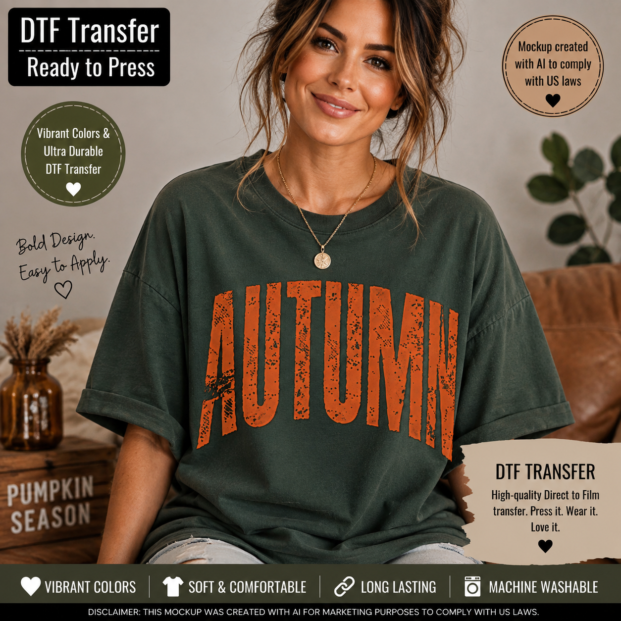 A woman wearing a dark olive green t-shirt with a distressed orange graphic that reads 'AUTUMN' across the chest, set in a cozy indoor environment with promotional text overlays.
