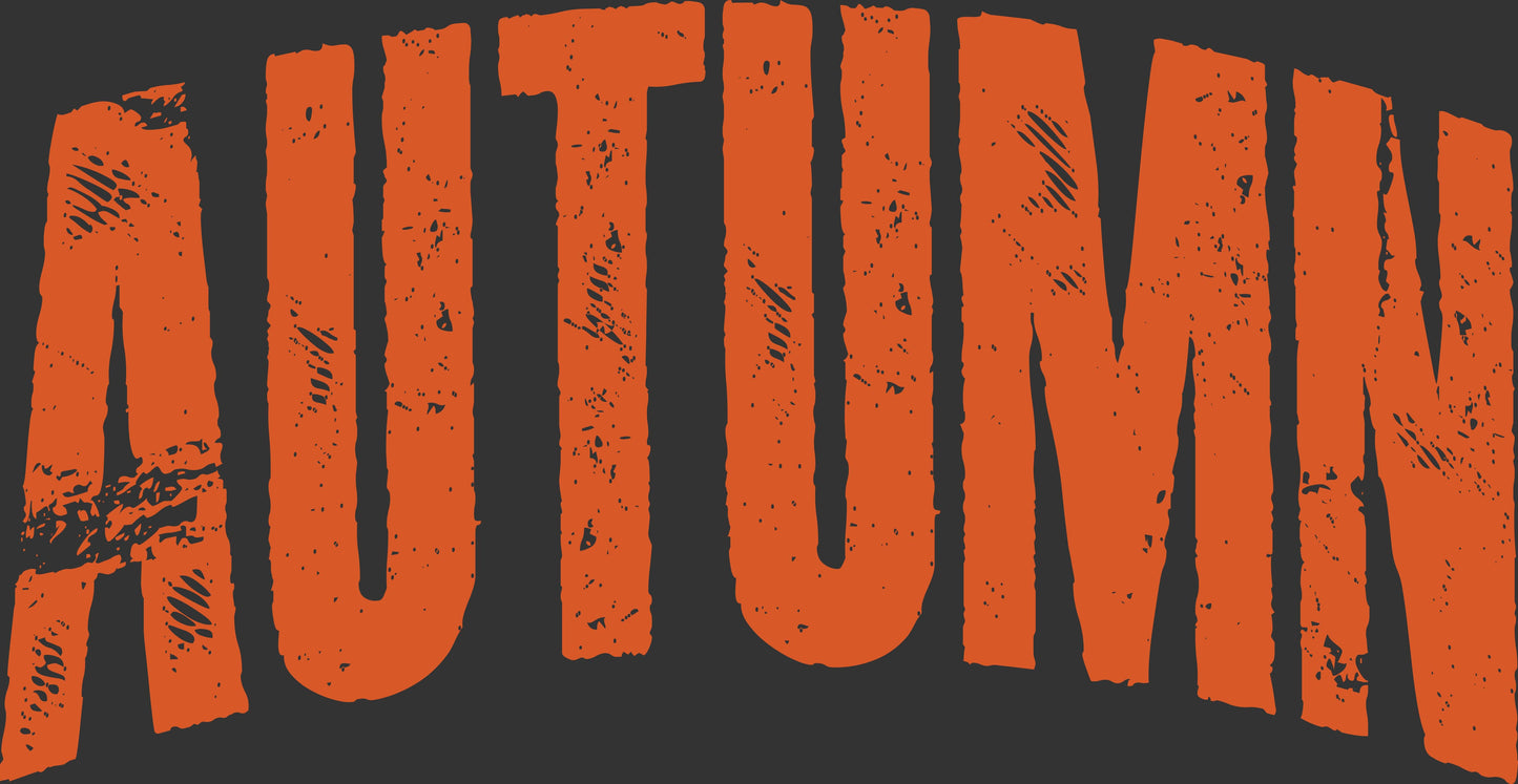 The word 'AUTUMN' in large distressed orange letters with a textured, grunge-style finish on a dark charcoal gray background.