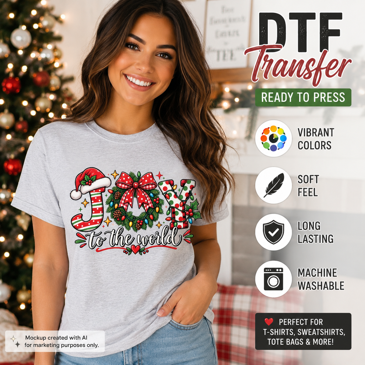 A woman wearing a light gray heather t-shirt with a colorful Christmas-themed 'JOY to the world' DTF transfer graphic, standing in front of a decorated Christmas tree. The right side of the image features promotional text and icons for 'DTF Transfer' qualities.