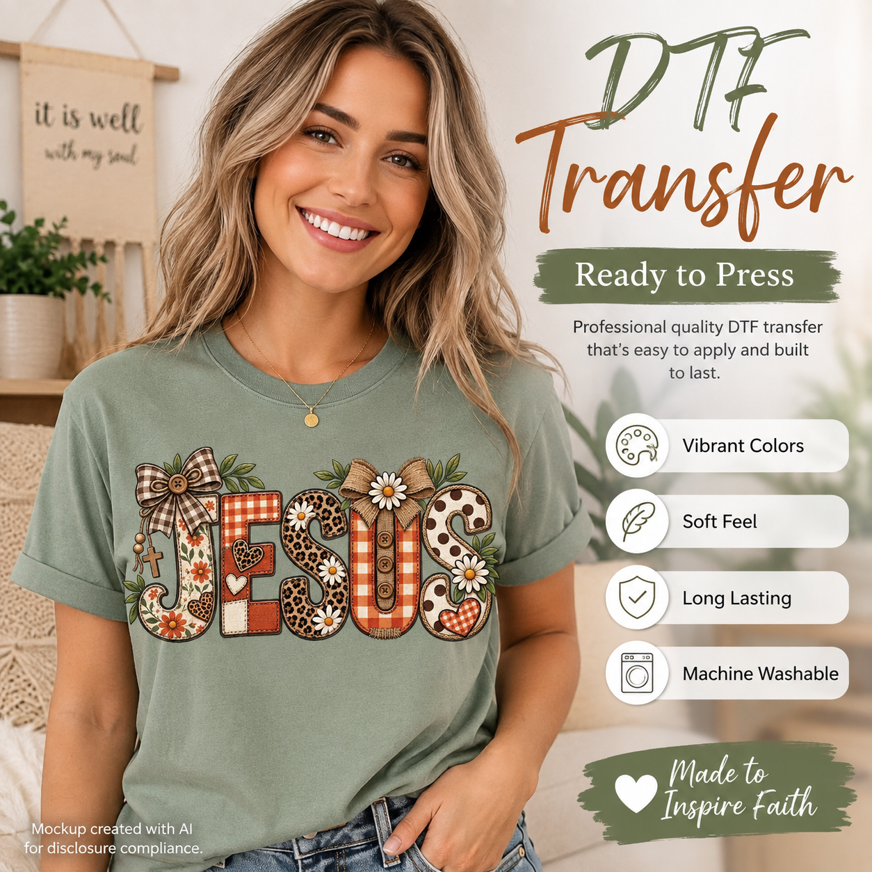 A woman wearing a sage green t-shirt with a 'JESUS' DTF transfer graphic made of patterned letters, shown in a cozy indoor setting with promotional text overlays.