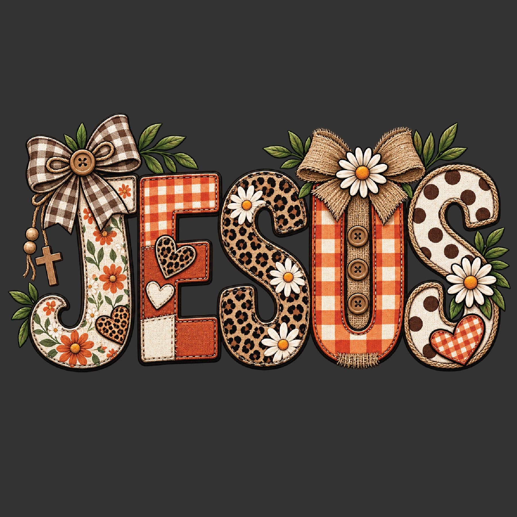 The word 'JESUS' is spelled out in decorative patchwork letters on a dark gray background. Each letter has a unique rustic pattern: floral, leopard print, orange gingham, burlap buttons, white daisies, and brown polka dots, with green leaves and a brown ribbon bow with a cross hanging from the J.