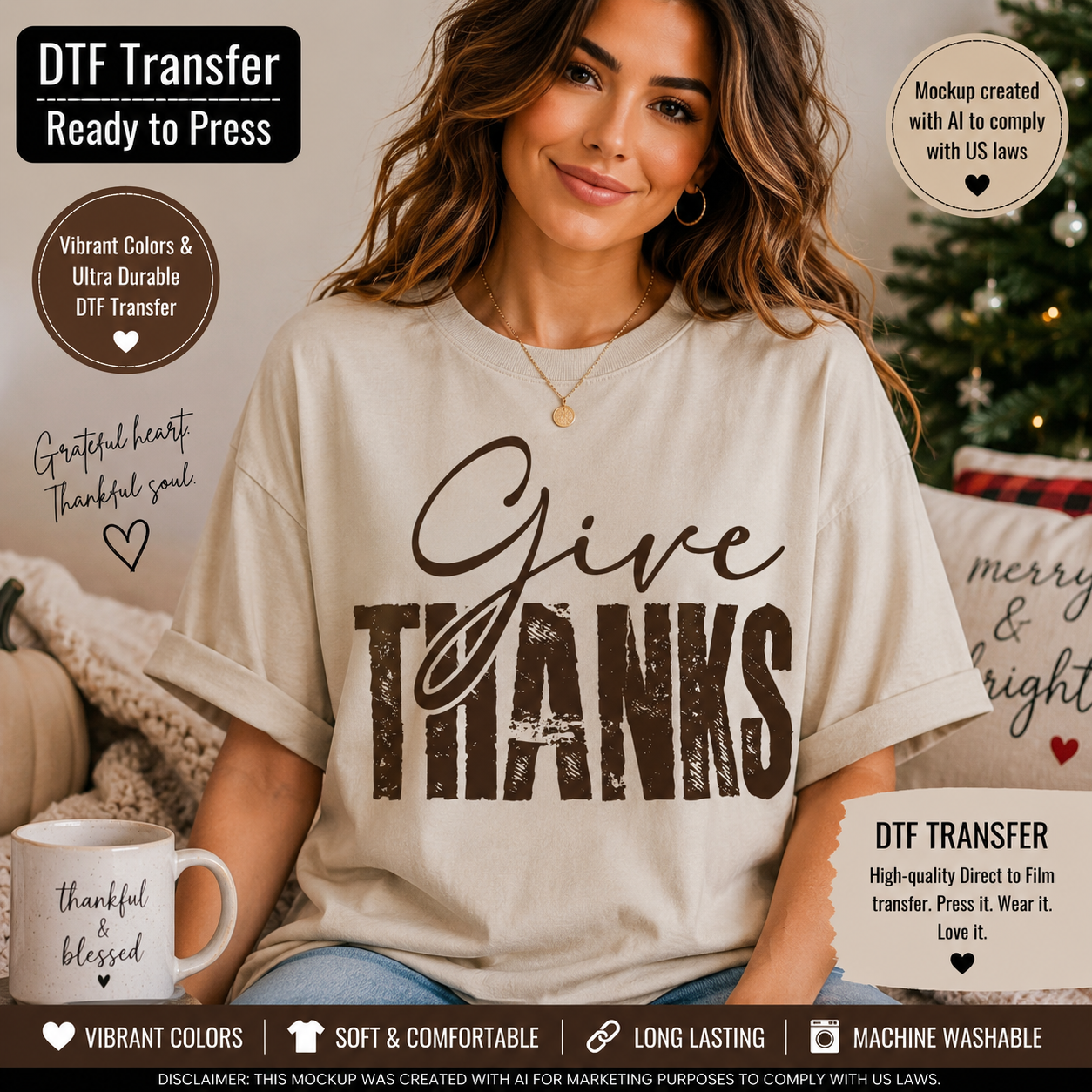 A woman wearing a cream-colored t-shirt with a dark brown graphic that reads 'Give THANKS' in script and block lettering. The image is a promotional mockup for a DTF (Direct to Film) transfer, showing text overlays detailing product features like 'Vibrant Colors & Ultra Durable DTF Transfer' and 'Mockup created with AI to comply with US laws'.