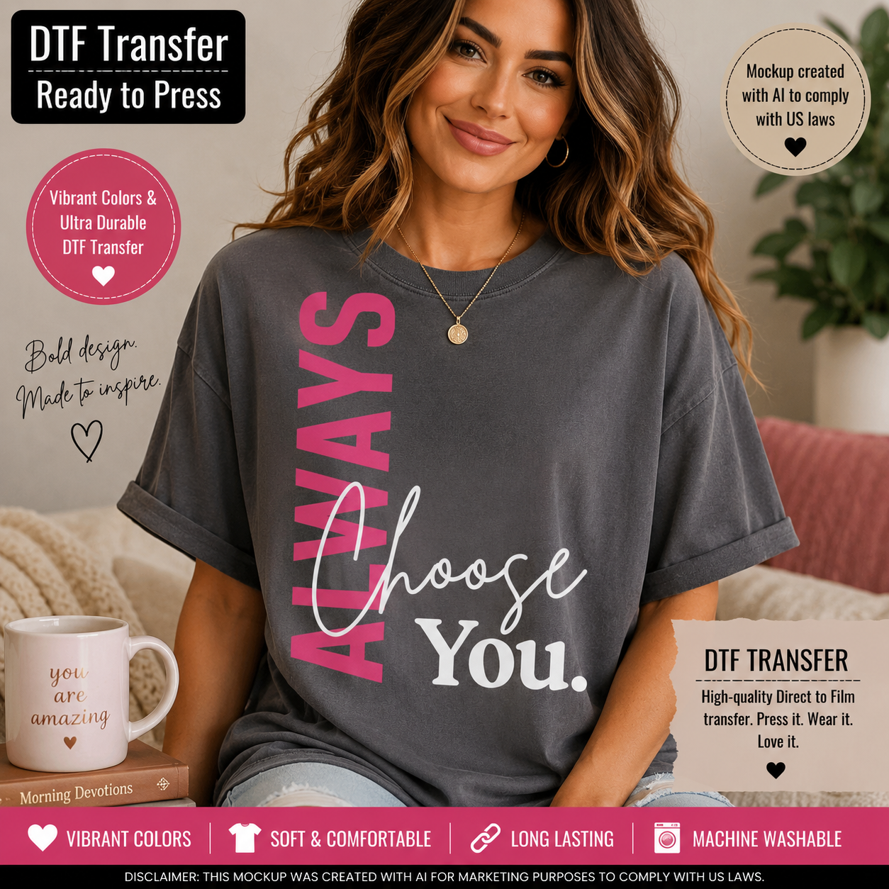 A woman wearing a dark gray t-shirt with a 'Choose You. ALWAYS' graphic print in pink and white, set in a cozy living room environment with a coffee mug and plant in the background.