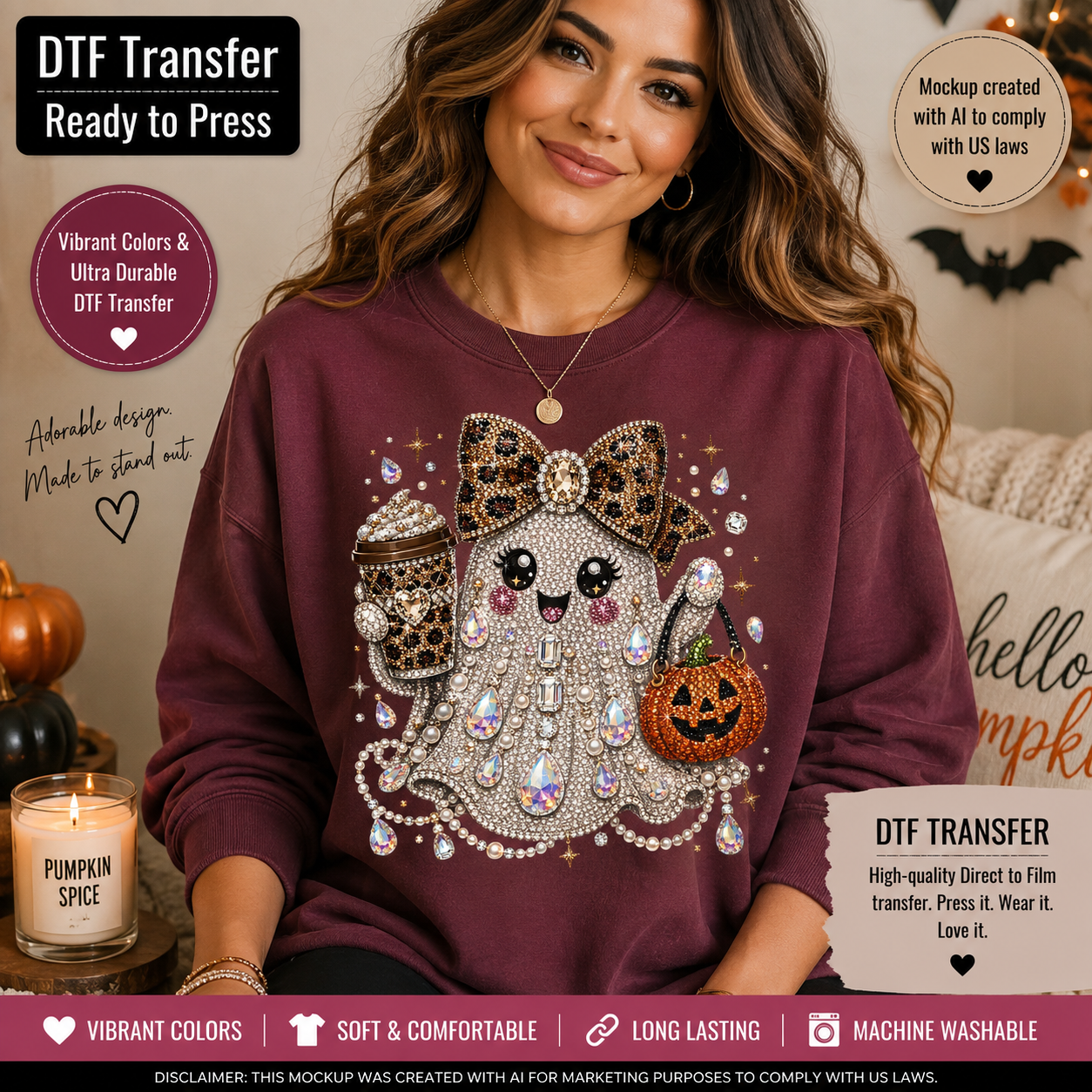 A woman wearing a burgundy sweatshirt with a large Halloween-themed rhinestone graphic featuring a ghost, bow, pumpkin, and stars. The image includes promotional text overlays for a DTF transfer product.