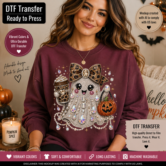 A woman wearing a burgundy sweatshirt with a large Halloween-themed rhinestone graphic featuring a ghost, bow, pumpkin, and stars. The image includes promotional text overlays for a DTF transfer product.