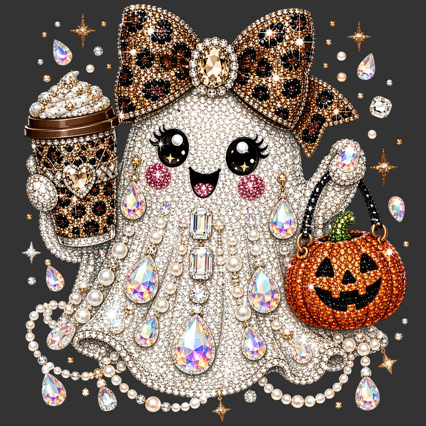 A highly detailed, glittering cartoon ghost character covered in rhinestones, holding a pumpkin bucket and a coffee cup, set against a dark gray background with scattered gems.