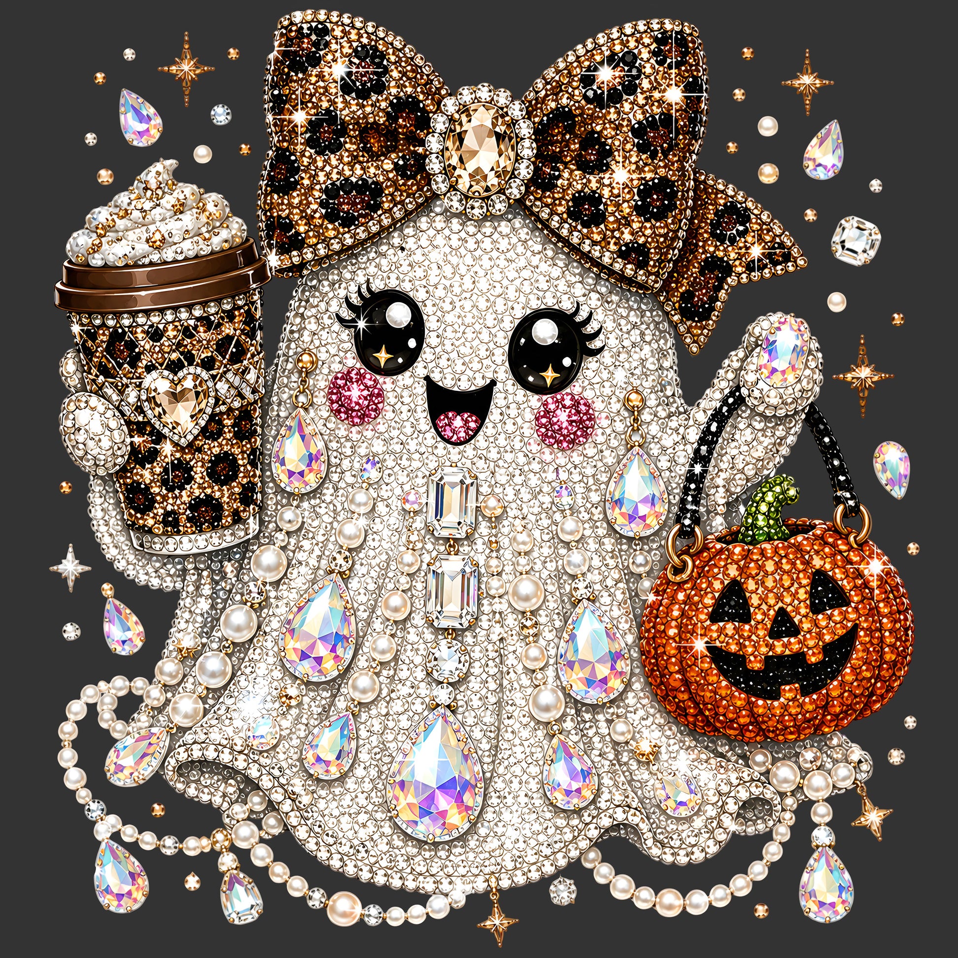 A highly detailed, glittering cartoon ghost character covered in rhinestones, holding a pumpkin bucket and a coffee cup, set against a dark gray background with scattered gems.