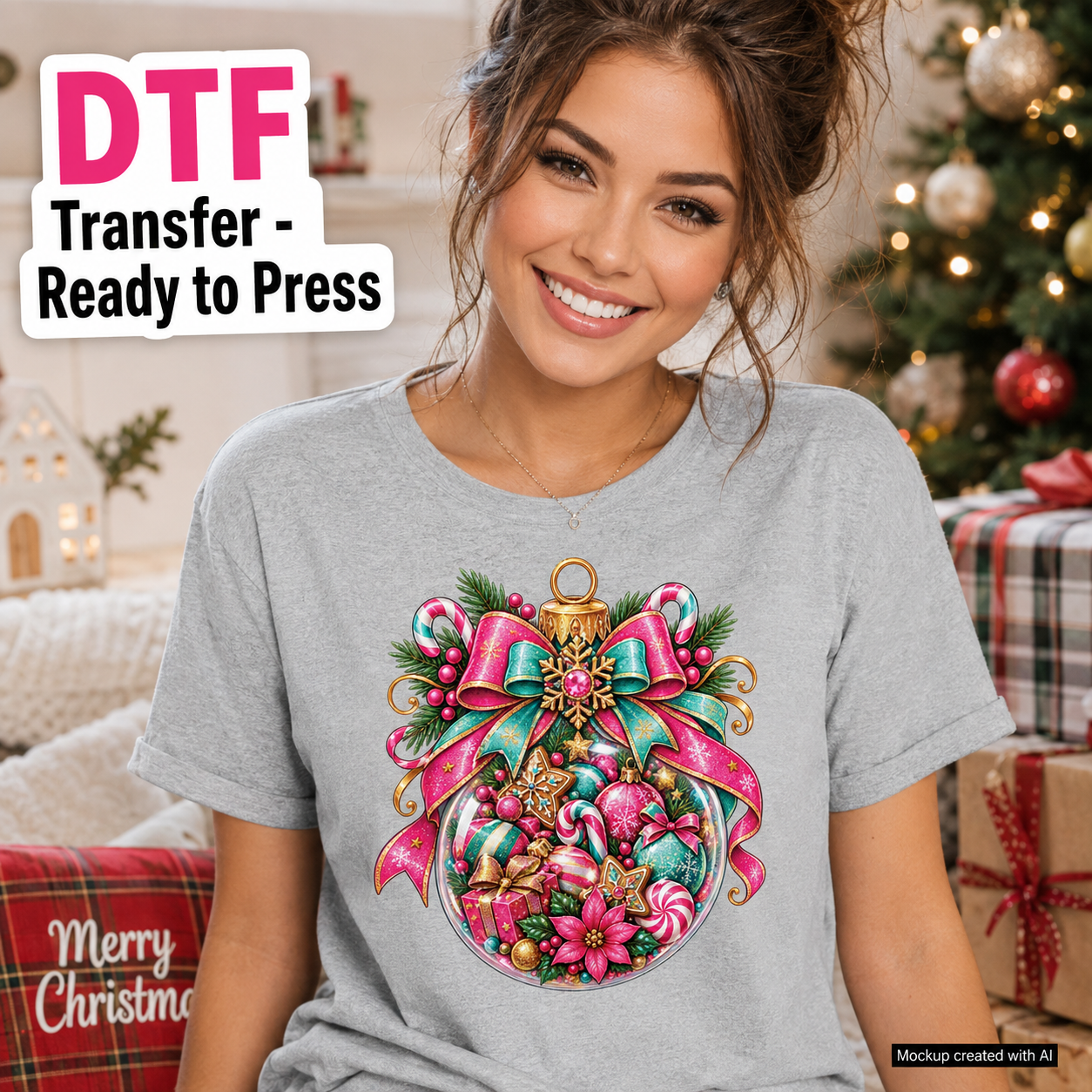 A woman wearing a light gray T-shirt with a colorful Christmas ornament graphic on the front, posed in a cozy holiday living room setting with a Christmas tree and wrapped gifts in the background. A text overlay reads 'DTF Transfer - Ready to Press'.