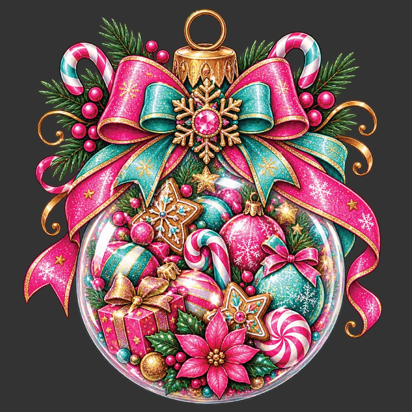 A festive Christmas ornament illustration featuring a clear glass bauble filled with candy canes, ornaments, pine branches, berries, and gift boxes, tied with oversized pink and teal ribbons and topped with a gold ornament cap and snowflake ornament on a dark gray background.