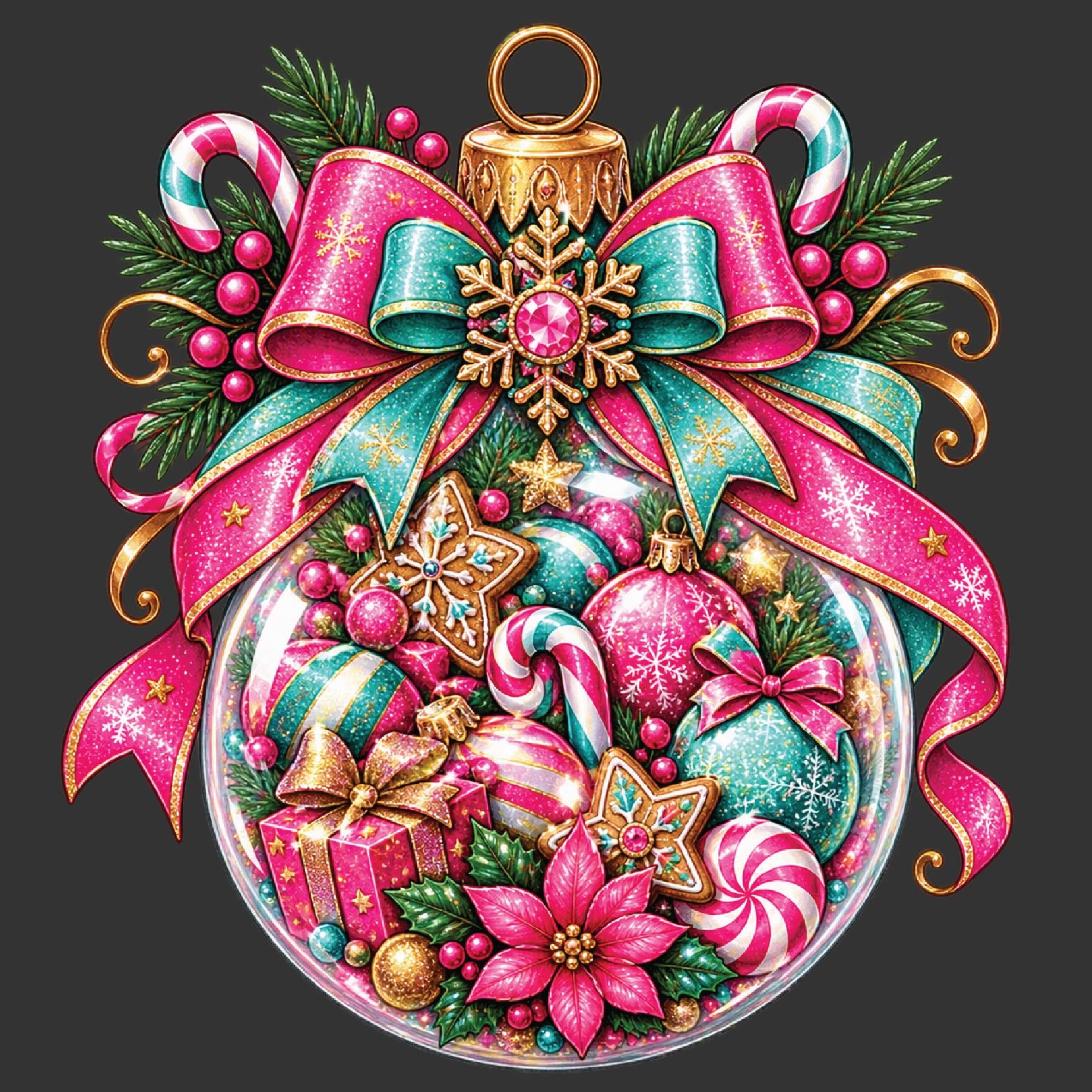 A festive Christmas ornament illustration featuring a clear glass bauble filled with candy canes, ornaments, pine branches, berries, and gift boxes, tied with oversized pink and teal ribbons and topped with a gold ornament cap and snowflake ornament on a dark gray background.