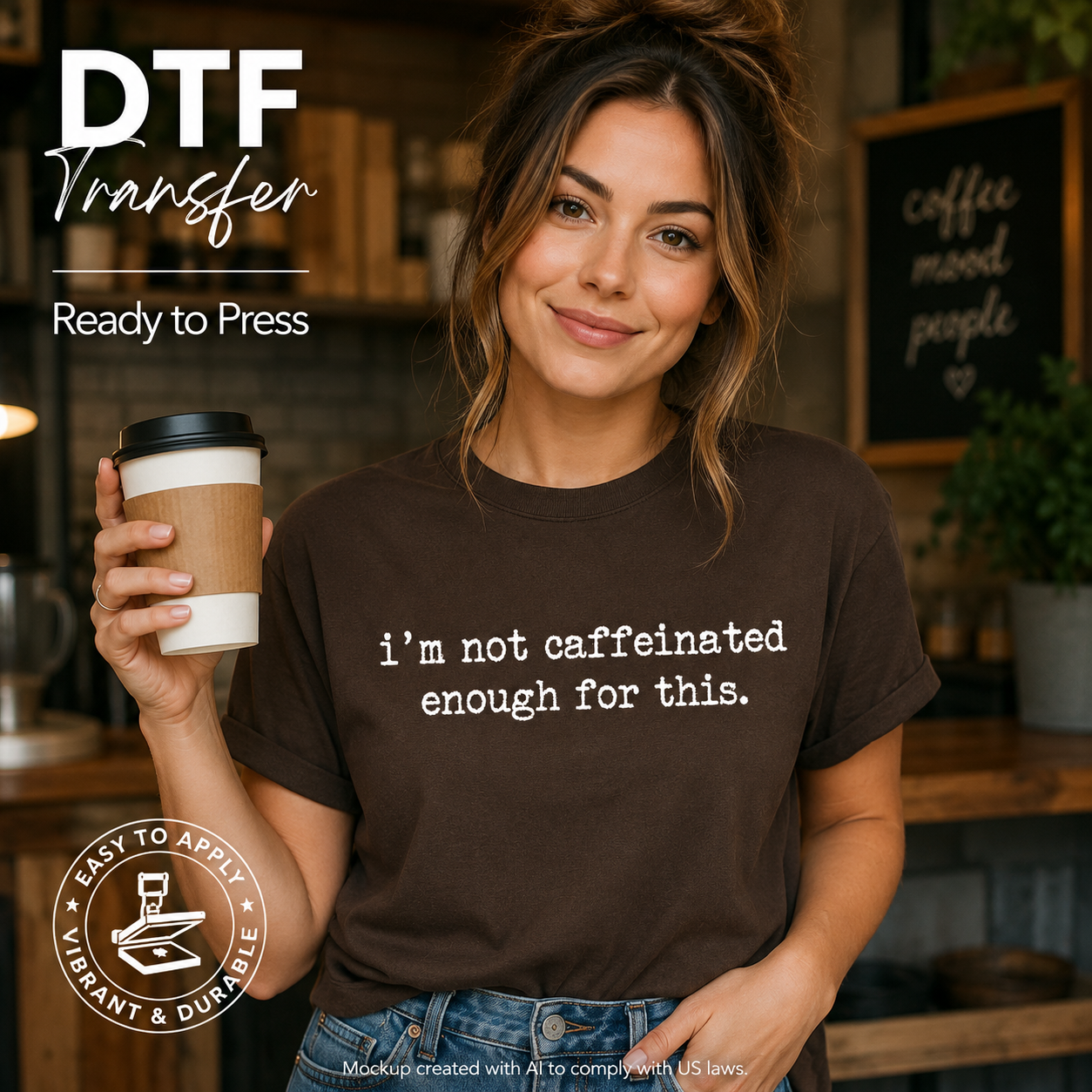 A woman in a coffee shop setting wearing a dark brown T-shirt with the white printed text 'i'm not caffeinated enough for this.' She holds a paper coffee cup.
