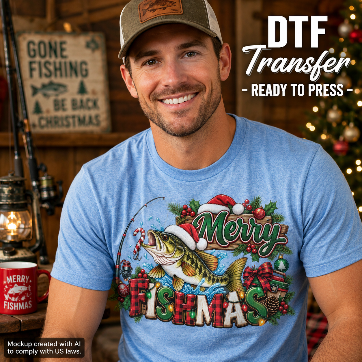 A smiling man wearing a light blue graphic T-shirt with a Christmas fishing design and a cap, posed in a rustic holiday-themed room with a sign reading 'Gone Fishing Be Back Christmas' and a lit Christmas tree in the background. Text on the image says 'DTF Transfer - Ready to Press'.