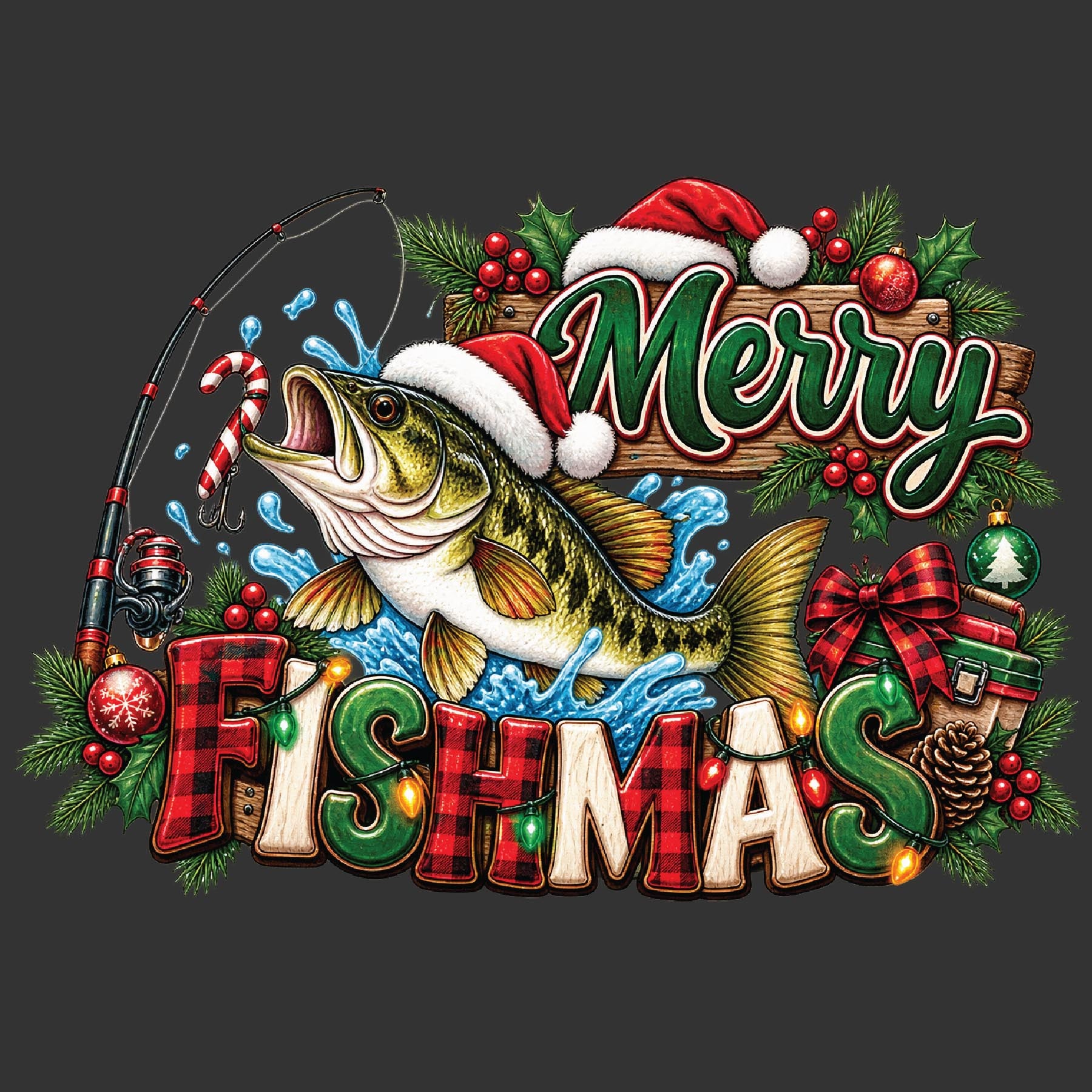 A festive Christmas-themed graphic featuring a jumping fish wearing a Santa hat, a fishing rod, berries, pine branches, bows, ornaments, and the words “Merry Fishmas” on a dark gray background.