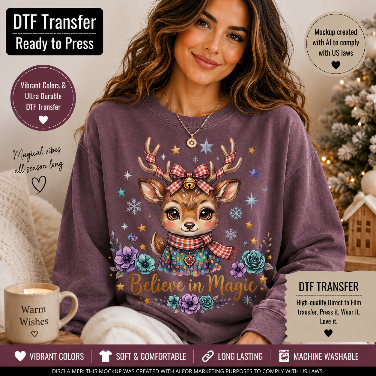 A woman wearing a mauve crewneck sweatshirt with a cartoon deer graphic and the words 'Believe in Magic' on the front. The image includes promotional text overlays for a DTF (Direct to Film) transfer product, with a cozy holiday background showing a lit Christmas tree and a mug.