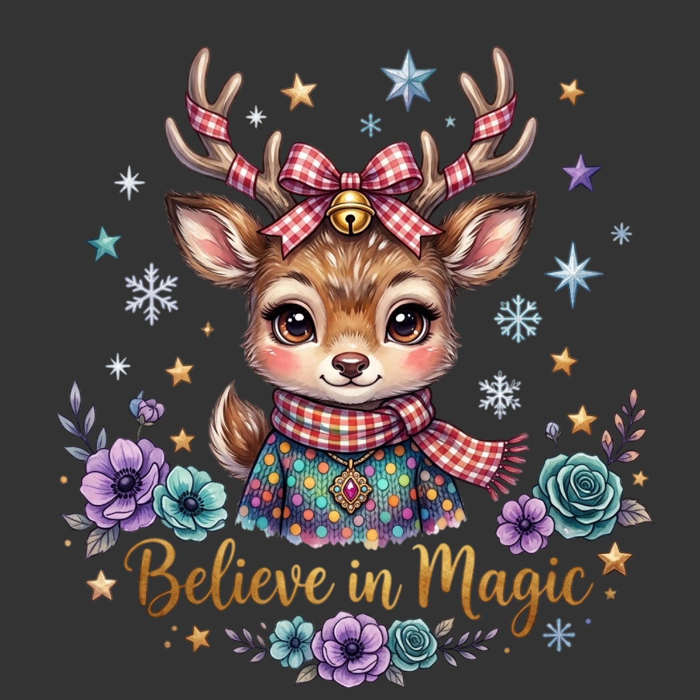 A cute cartoon deer illustration with antlers, a red-and-white checkered bow and scarf, colorful patterned clothing, and the words 'Believe in Magic' on a dark gray background with stars and flowers.