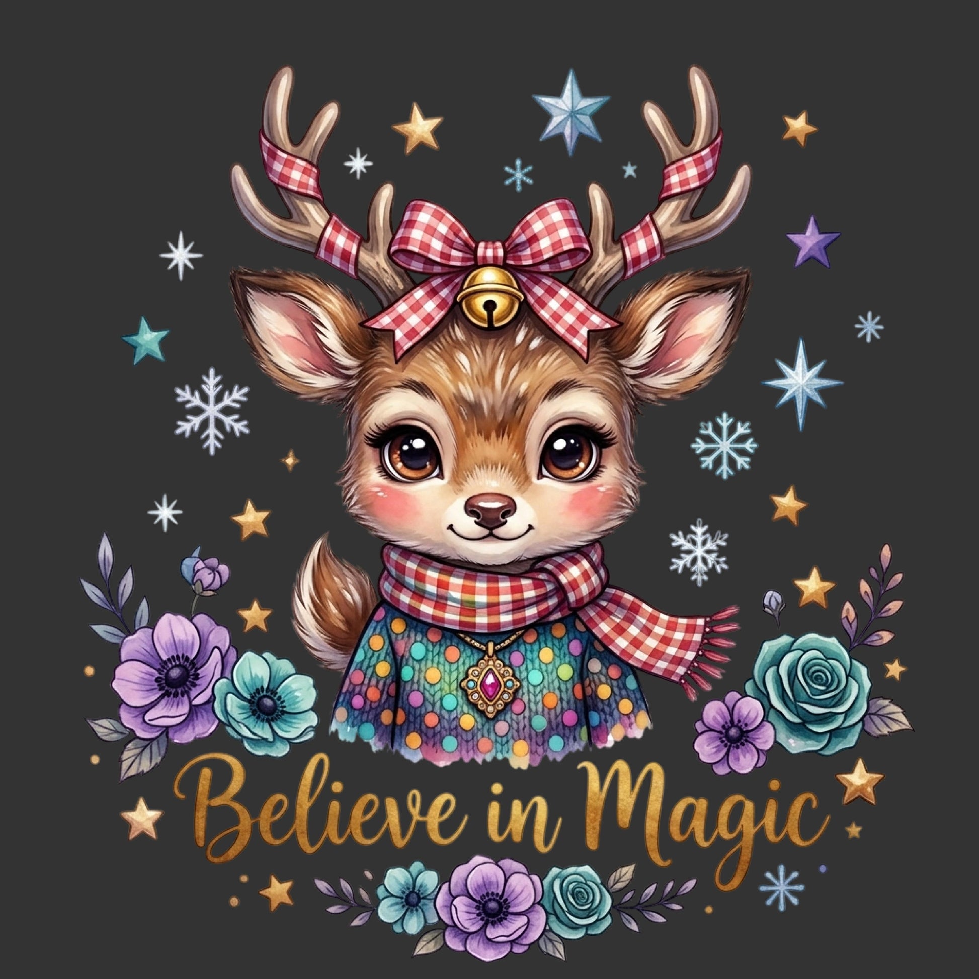 A cute cartoon deer illustration with antlers, a red-and-white checkered bow and scarf, colorful patterned clothing, and the words 'Believe in Magic' on a dark gray background with stars and flowers.