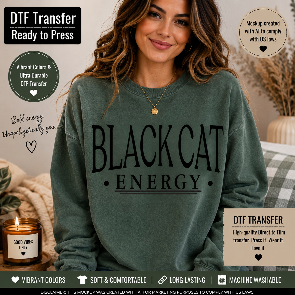 Black Cat Energy DTF transfer with bold black minimalist lettering