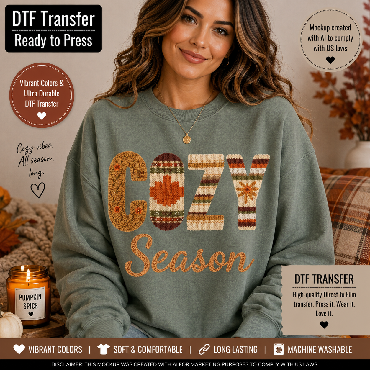 A woman wearing a sage green crewneck sweatshirt with a 'COZY Season' DTF transfer graphic, set in a cozy home environment with a candle and plaid blanket.