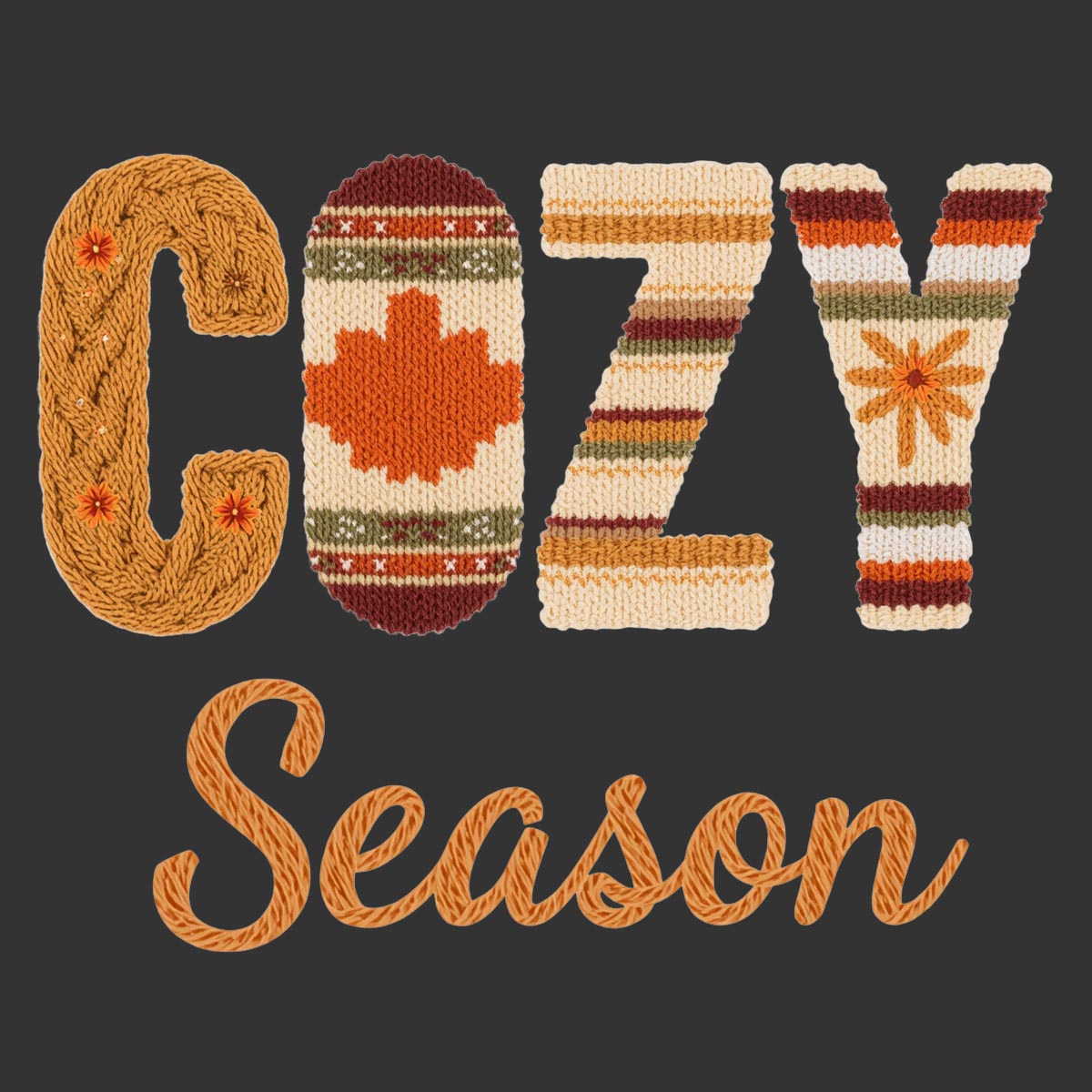 A graphic design featuring the words 'COZY Season' in stylized, knitted and textured lettering on a dark charcoal background. The letters spell out 'COZY' in autumnal shades of orange, beige, brown, and green, with 'Season' written below in a warm orange script.