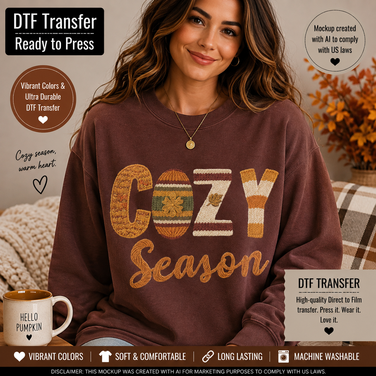 A woman wearing a brown crewneck sweatshirt with a 'Cozy Season' DTF transfer graphic, posed in a cozy indoor setting with a plaid blanket and autumn leaves in the background. Text overlays highlight the DTF transfer qualities.