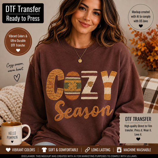 A woman wearing a brown crewneck sweatshirt with a 'Cozy Season' DTF transfer graphic, posed in a cozy indoor setting with a plaid blanket and autumn leaves in the background. Text overlays highlight the DTF transfer qualities.