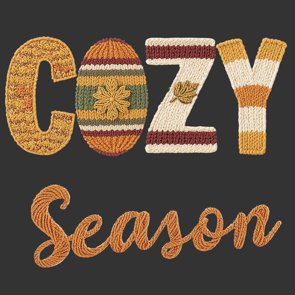 Embroidered text reading 'COZY Season' on a dark charcoal background. The top word 'COZY' is spelled out in large letters with autumn-inspired knit patterns in mustard yellow, cream, rust red, and olive green, including a leaf motif inside the O and a striped Y.