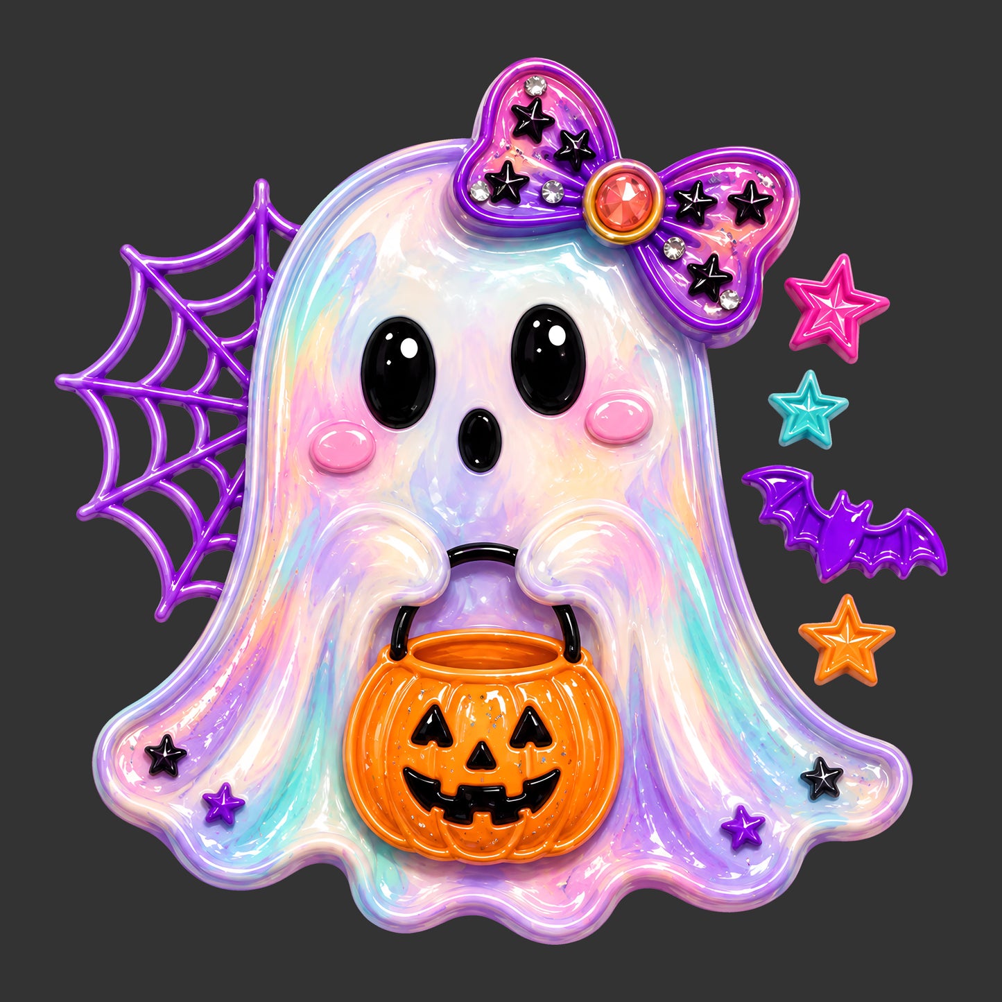 A stylized holographic ghost Halloween decoration with a purple bow, spiderweb, orange jack-o'-lantern bucket, and colorful stars on a dark gray background.