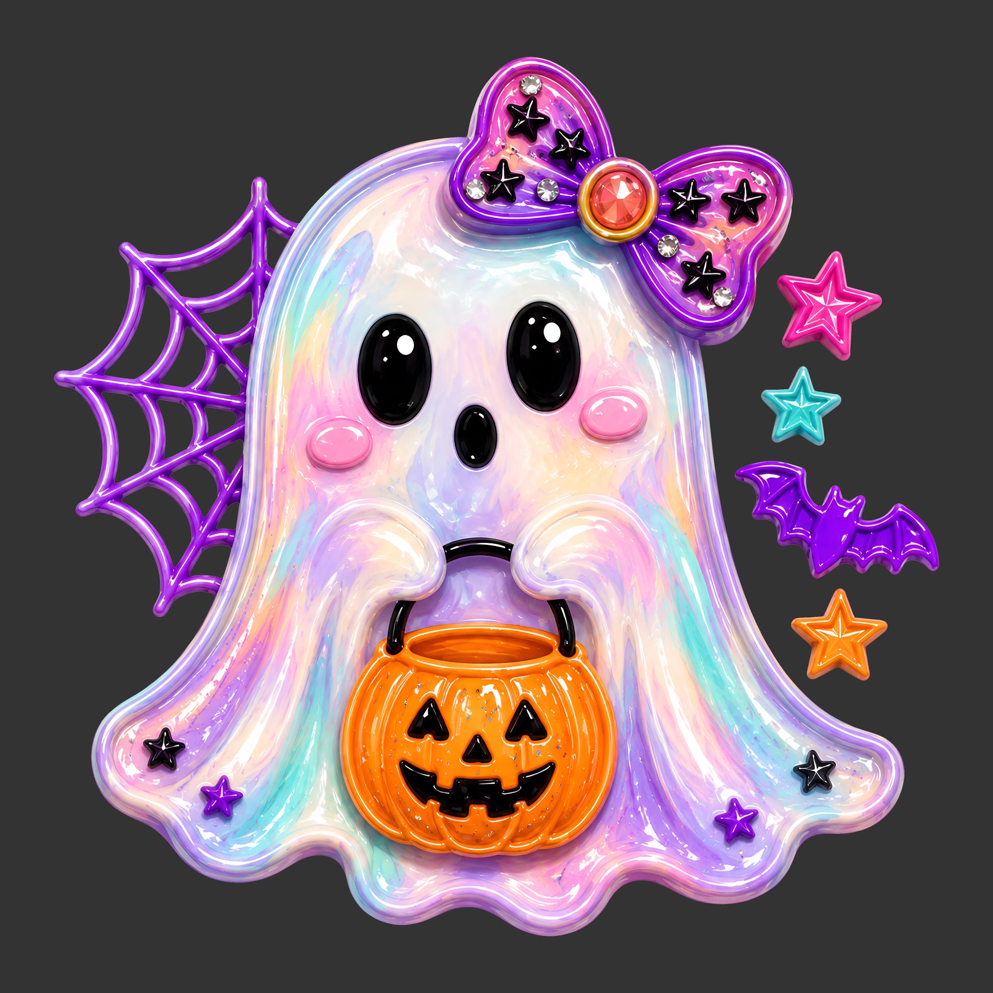 A stylized holographic ghost Halloween decoration with a purple bow, spiderweb, orange jack-o'-lantern bucket, and colorful stars on a dark gray background.