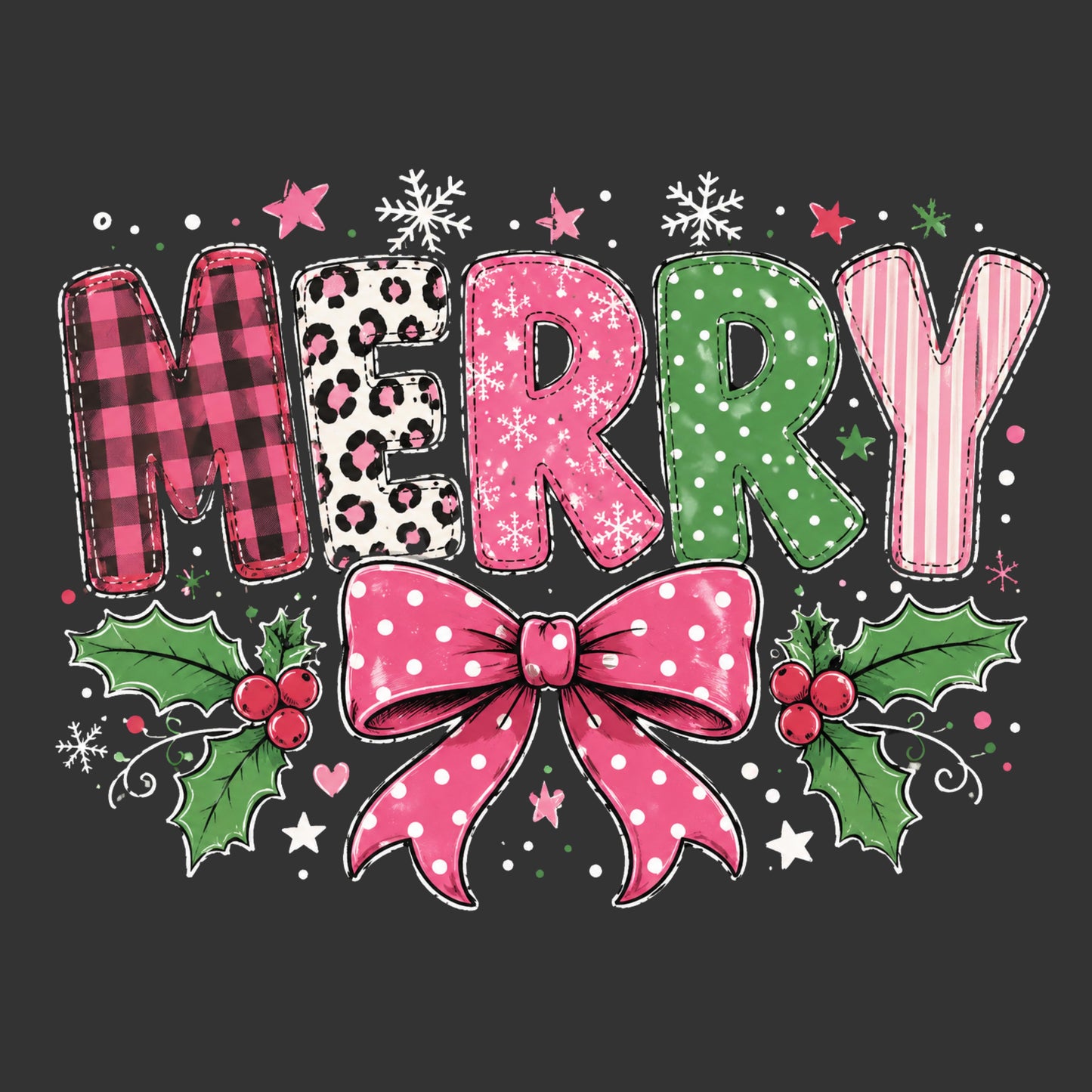 A festive Christmas graphic reading “MERRY” in patterned letters with a large pink polka-dot bow, holly leaves, and stars on a dark charcoal background.