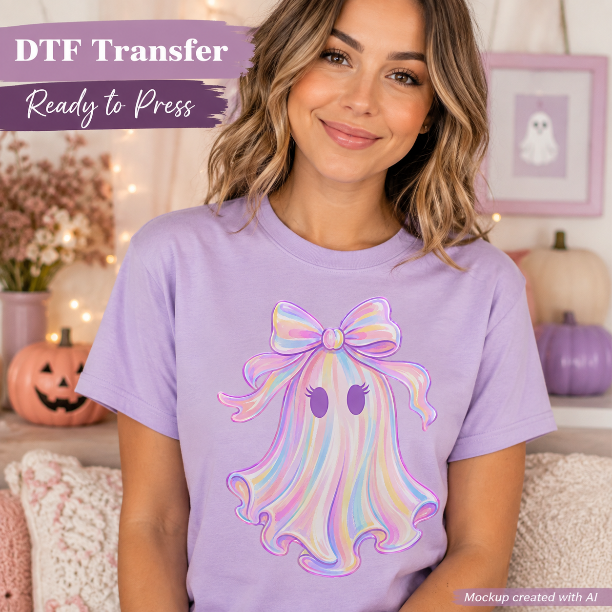 A woman wearing a lavender graphic T-shirt with a holographic pastel ghost design, posed in a cozy decorated room with pumpkins and string lights. Text overlays read 'DTF Transfer Ready to Press'.